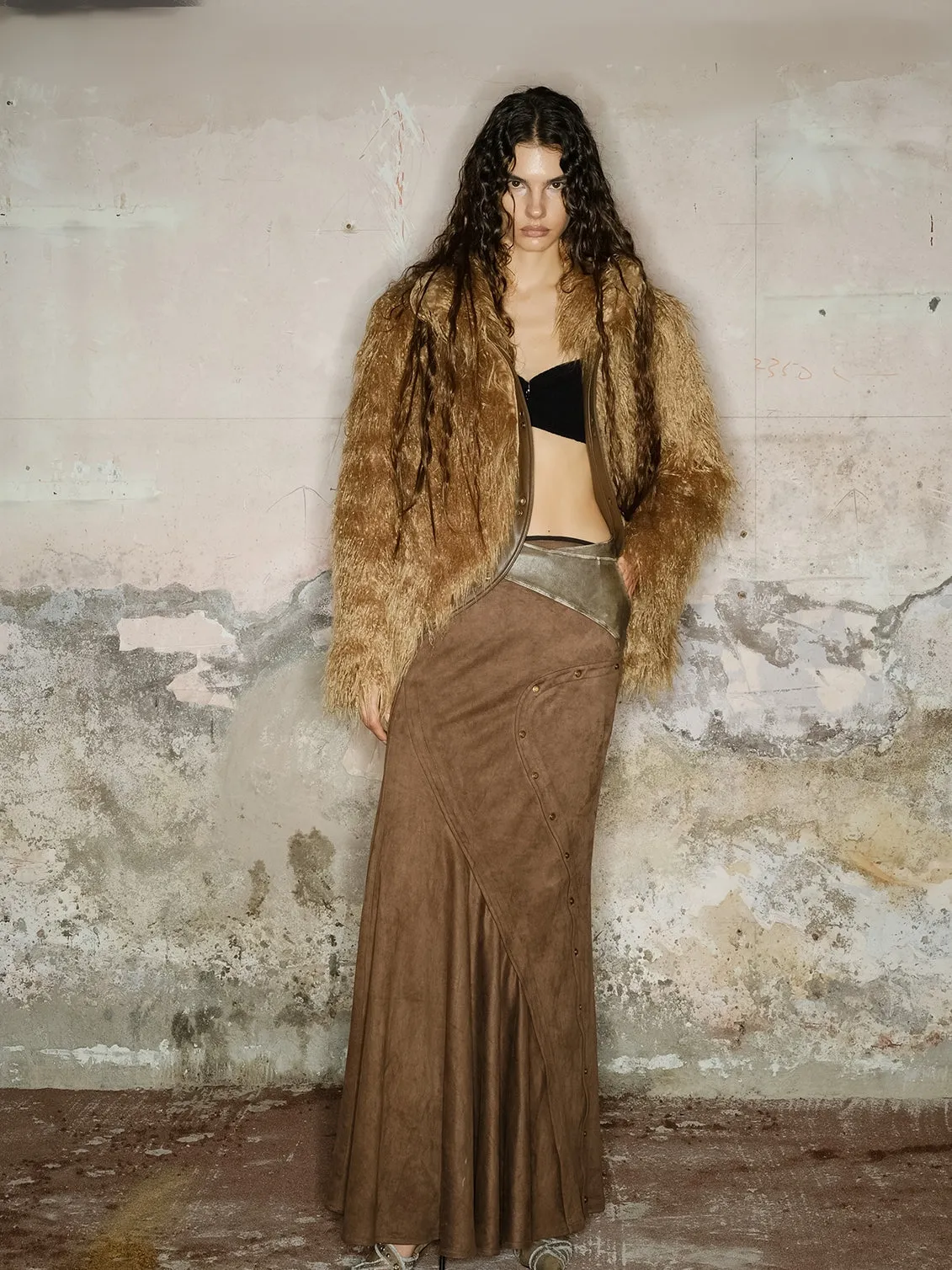 NORTH NODE Avant-Garde Shaggy Faux Fur Coat - Camel and Black