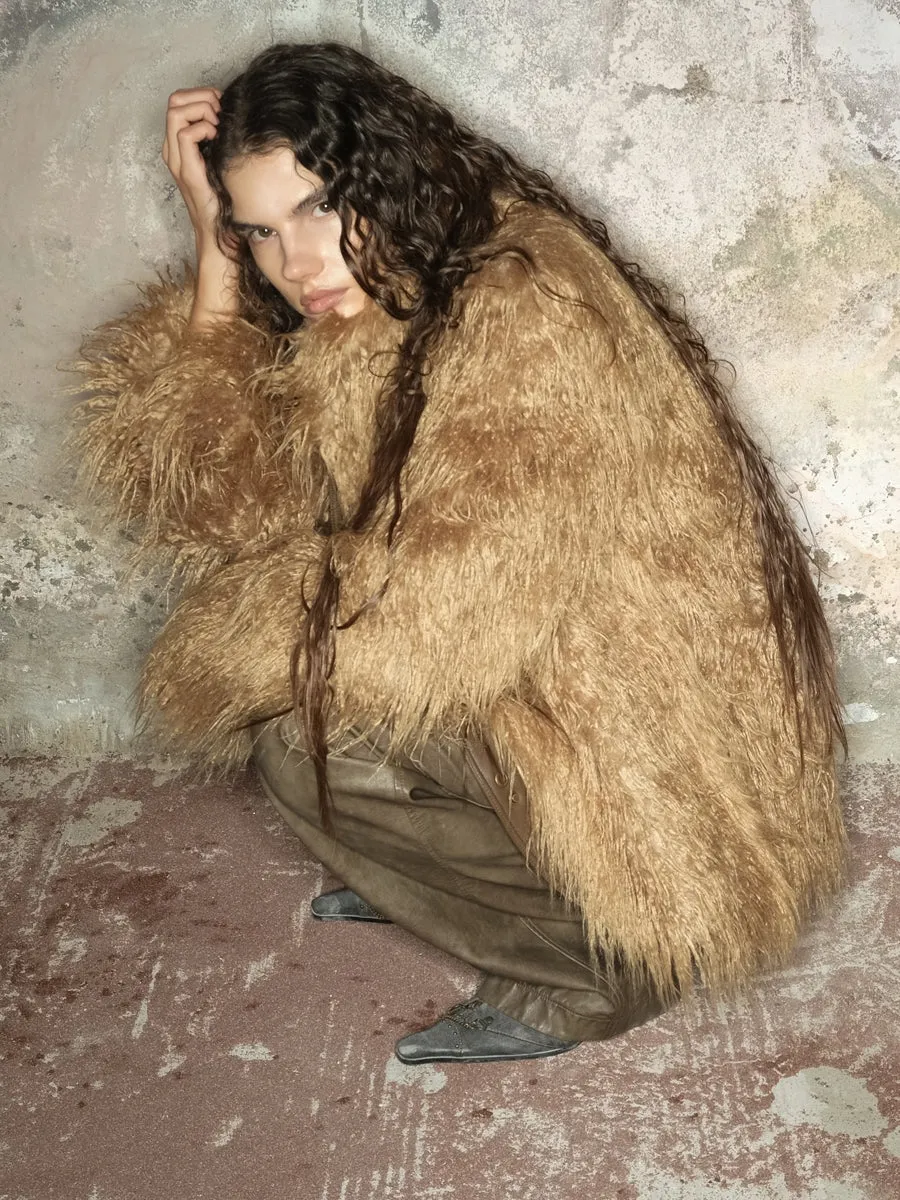 NORTH NODE Avant-Garde Shaggy Faux Fur Coat - Camel and Black