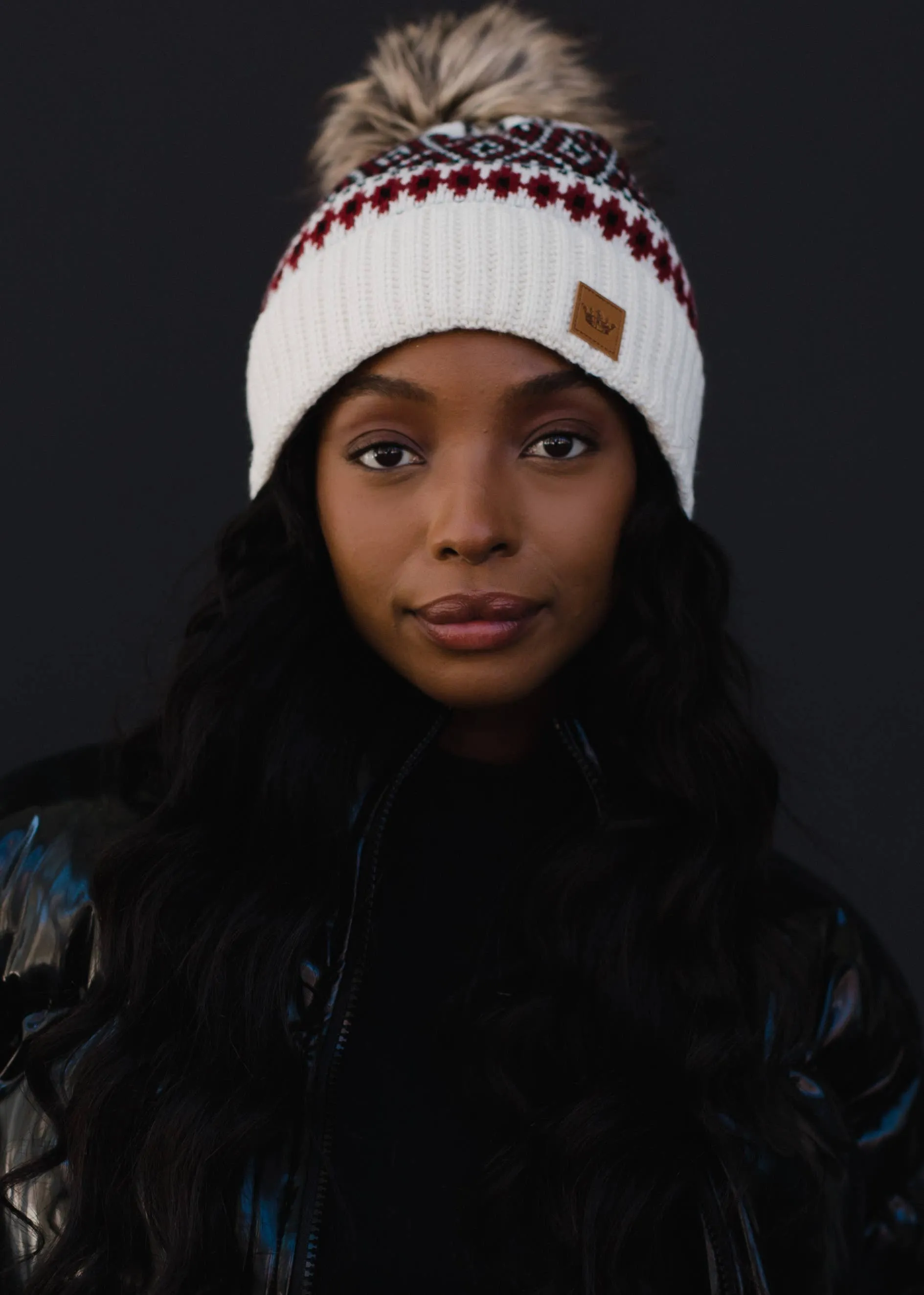 Off White, Black & Red Patterned Pom Hat