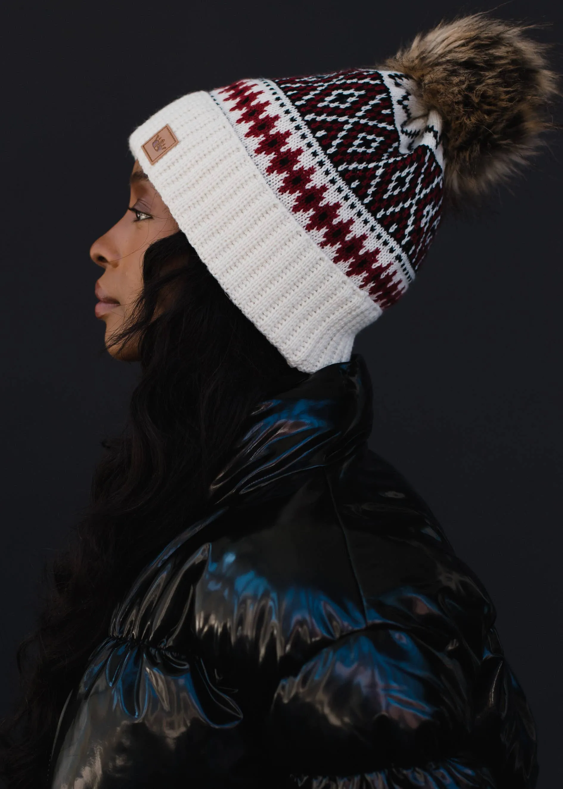 Off White, Black & Red Patterned Pom Hat