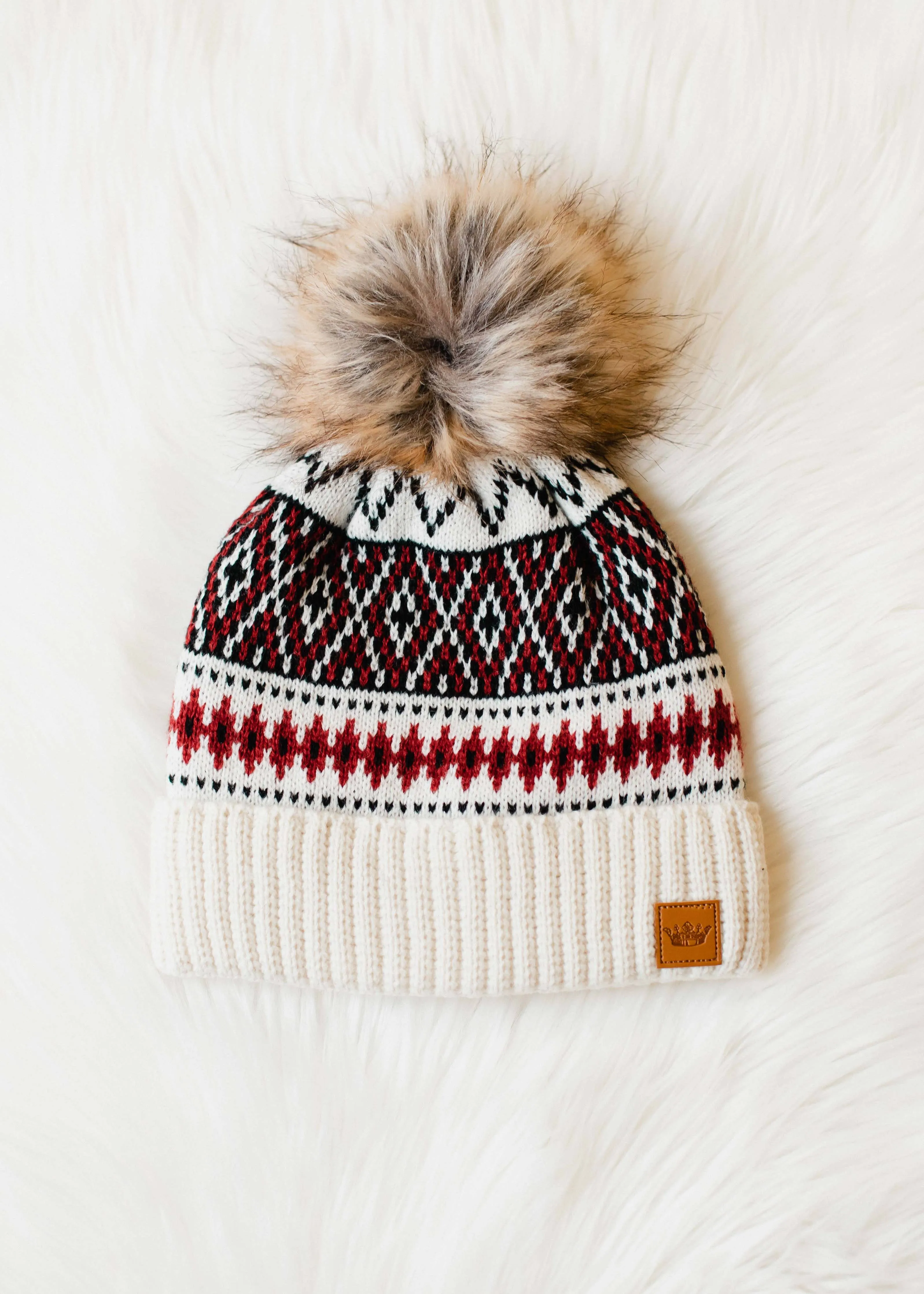 Off White, Black & Red Patterned Pom Hat