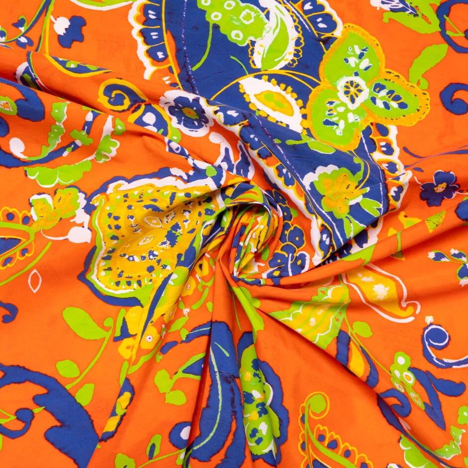 Paisley Printed Bright Orange Microfibre Taffeta