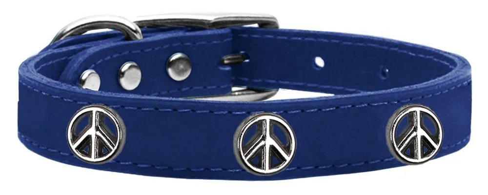 Peace Sign Widget Genuine Leather Dog Collar Blue 20