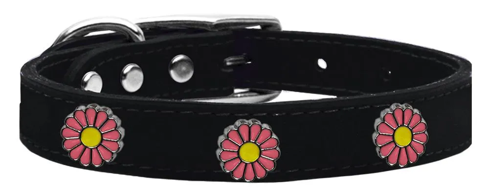 Pink Daisy Widget Genuine Leather Dog Collar Black 16