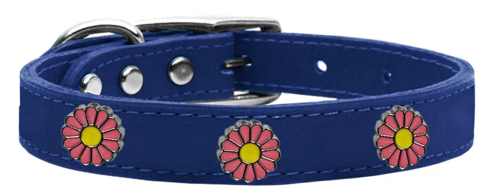 Pink Daisy Widget Genuine Leather Dog Collar Blue 24