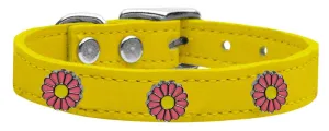 Pink Daisy Widget Genuine Leather Dog Collar Yellow 22