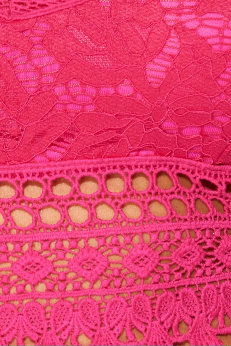 Pink Lace Crochet Trim Strappy Crop Top