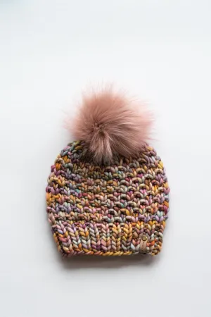 Pink Multicolor Merino Wool Knit Hat with Faux Fur Pom Pom