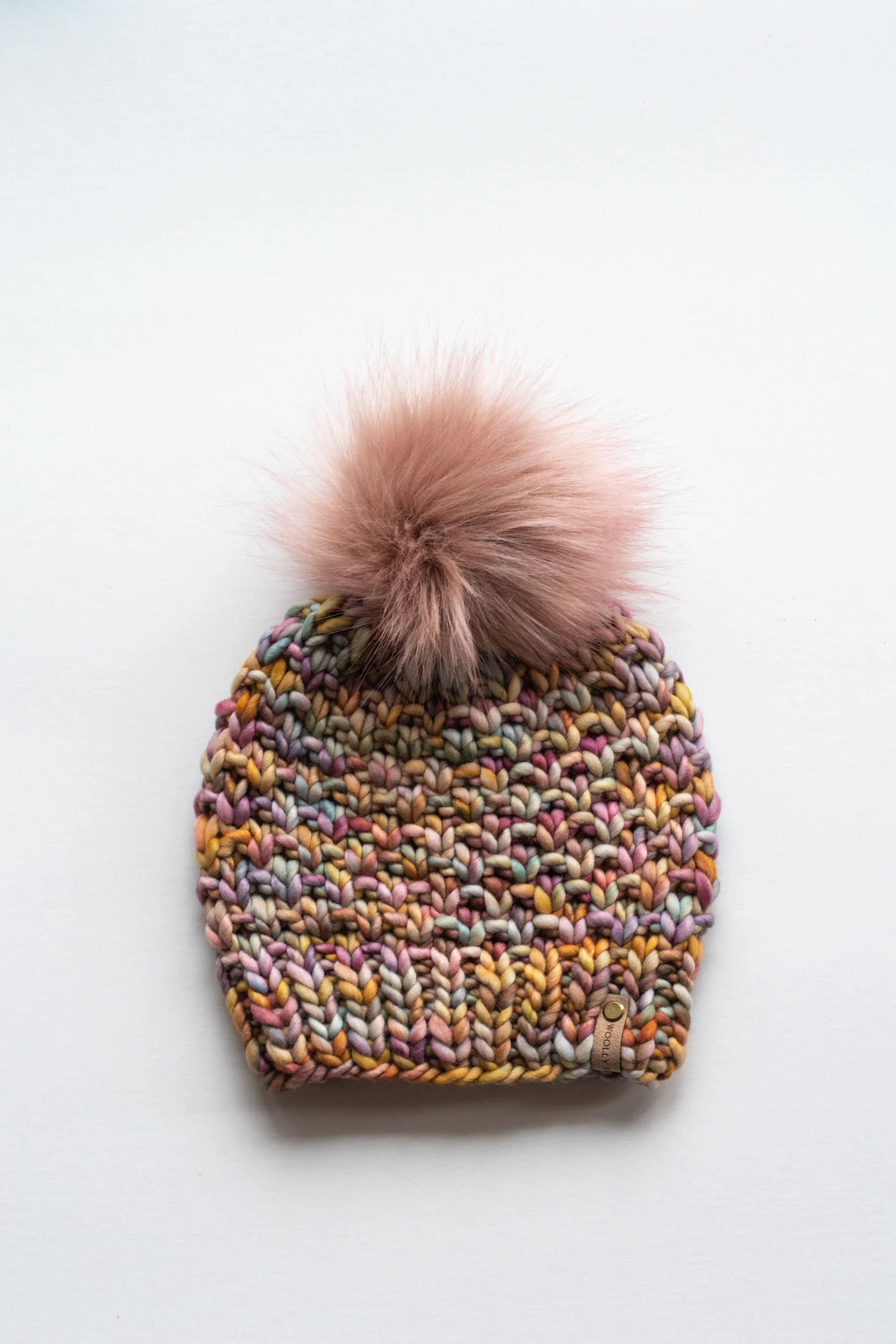 Pink Multicolor Merino Wool Knit Hat with Faux Fur Pom Pom