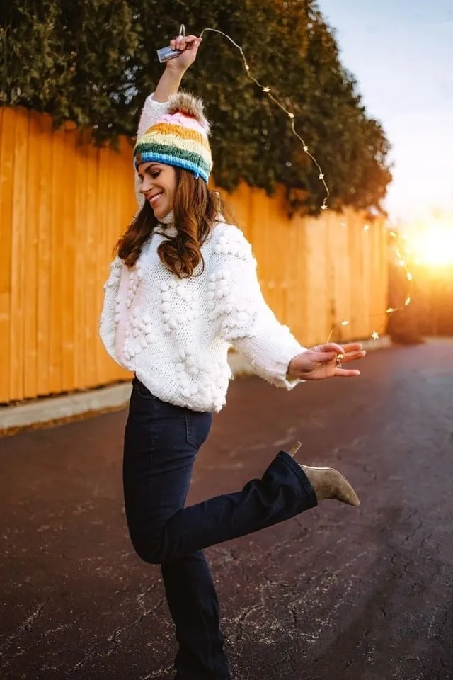 Pink Rainbow Stripe Cable Knit Hat with Pom