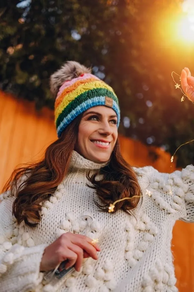 Pink Rainbow Stripe Cable Knit Hat with Pom