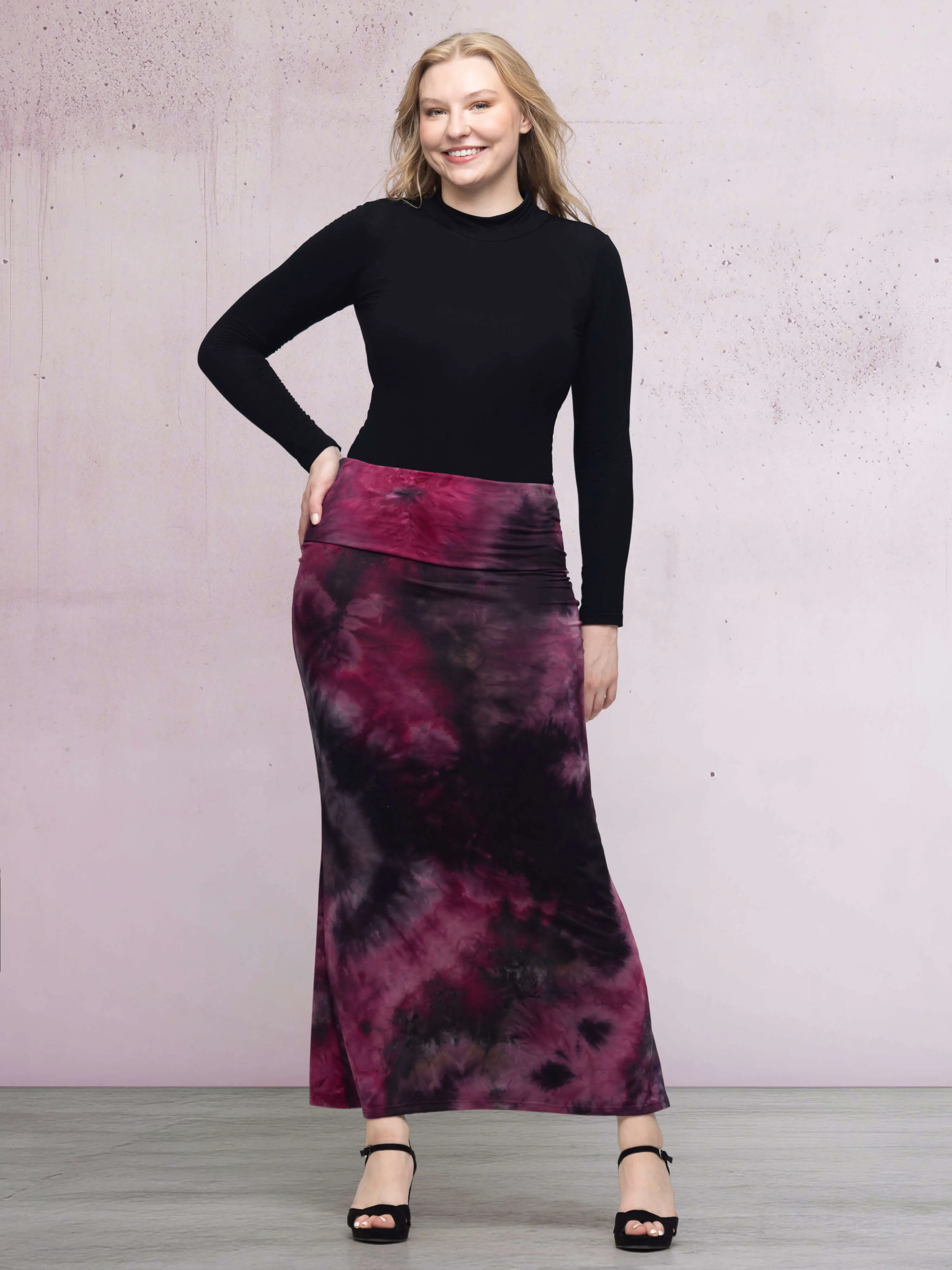 Pink Tie Dye Fold over Waist Maxi Skirt