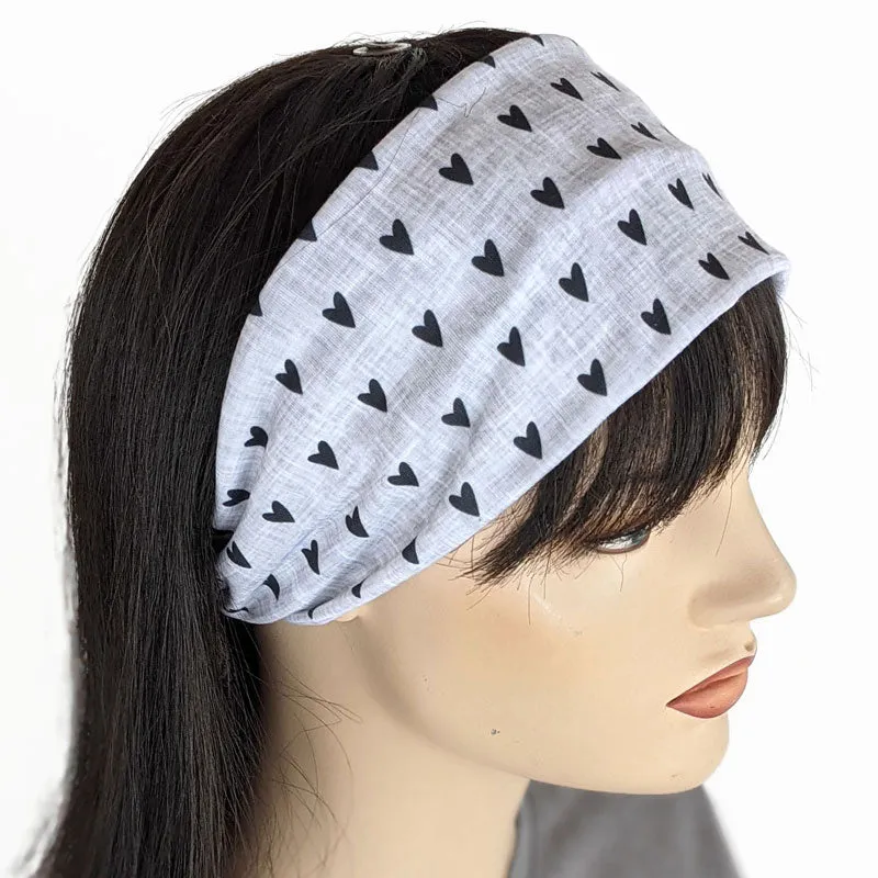 Premium, wide turban style comfy wide jersey knit  headband, black hearts on grey