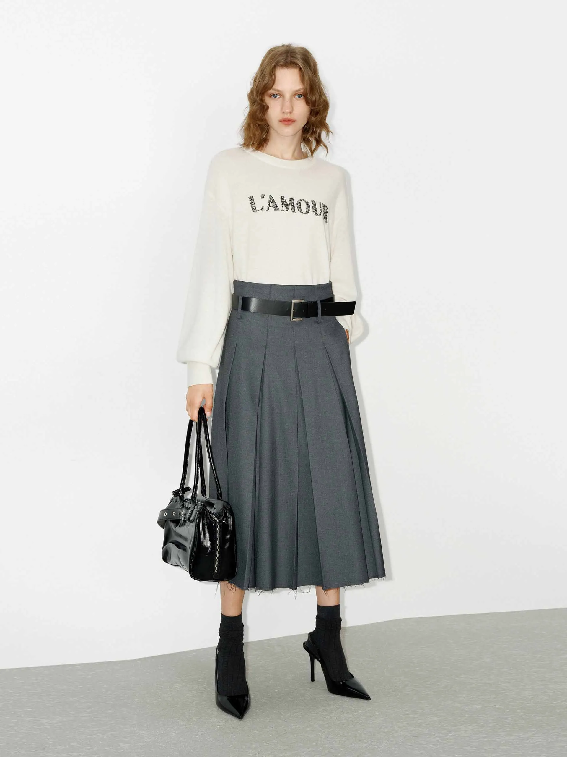 Raw Hem Pleated Skirt