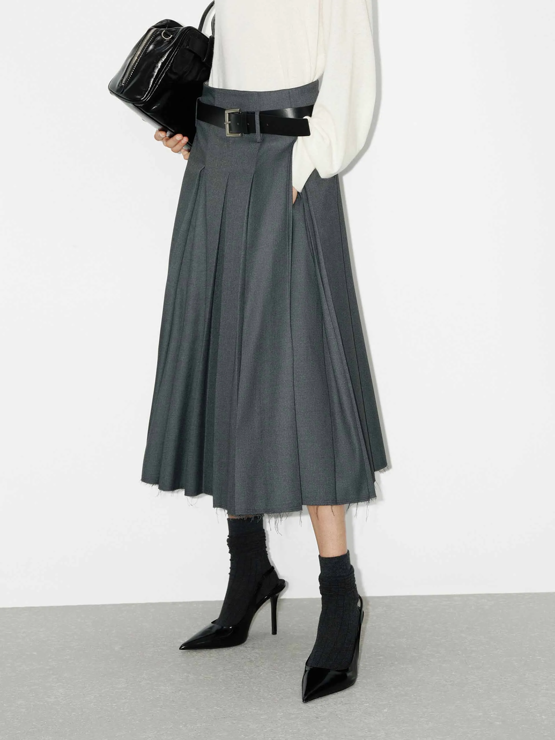 Raw Hem Pleated Skirt