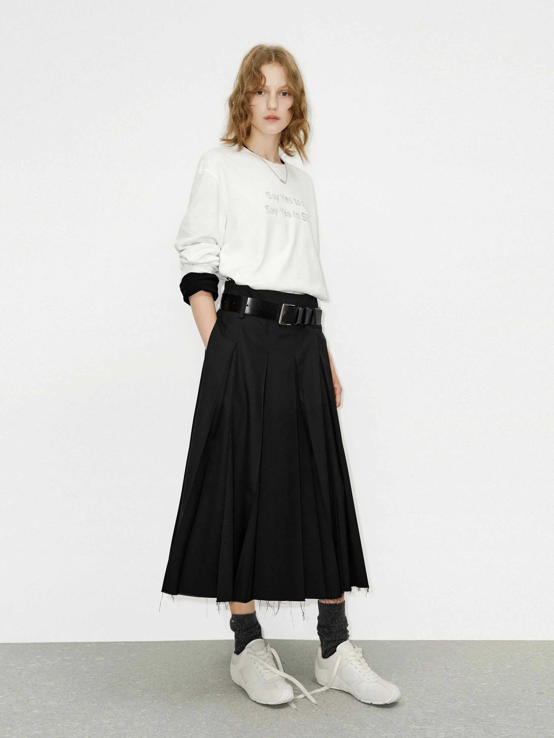 Raw Hem Pleated Skirt