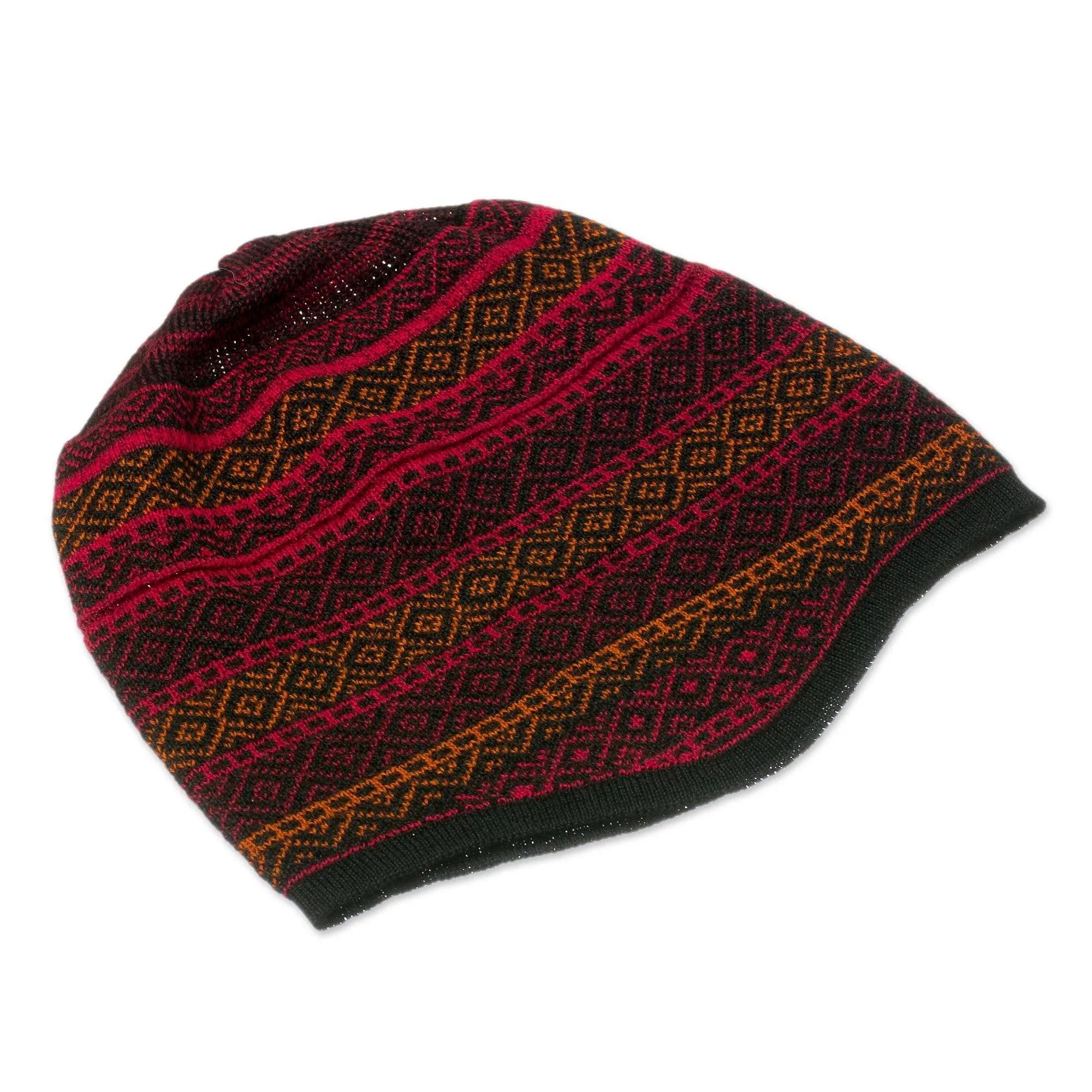 Red and Multicolored Alpaca Blend Knit Hat from Peru - Diamond Warmth | NOVICA