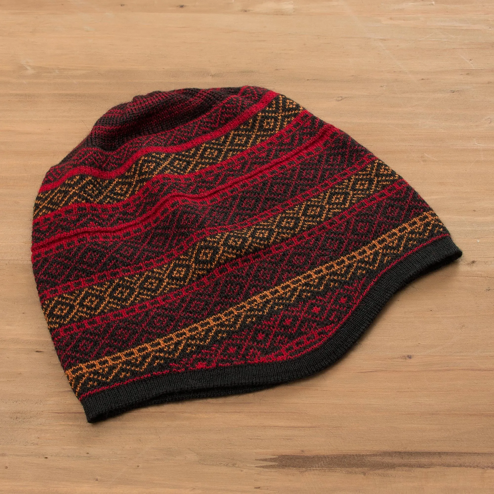 Red and Multicolored Alpaca Blend Knit Hat from Peru - Diamond Warmth | NOVICA