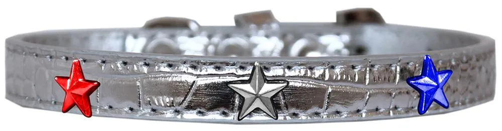 Red, White And Blue Star Widget Croc Dog Collar Silver Size 10