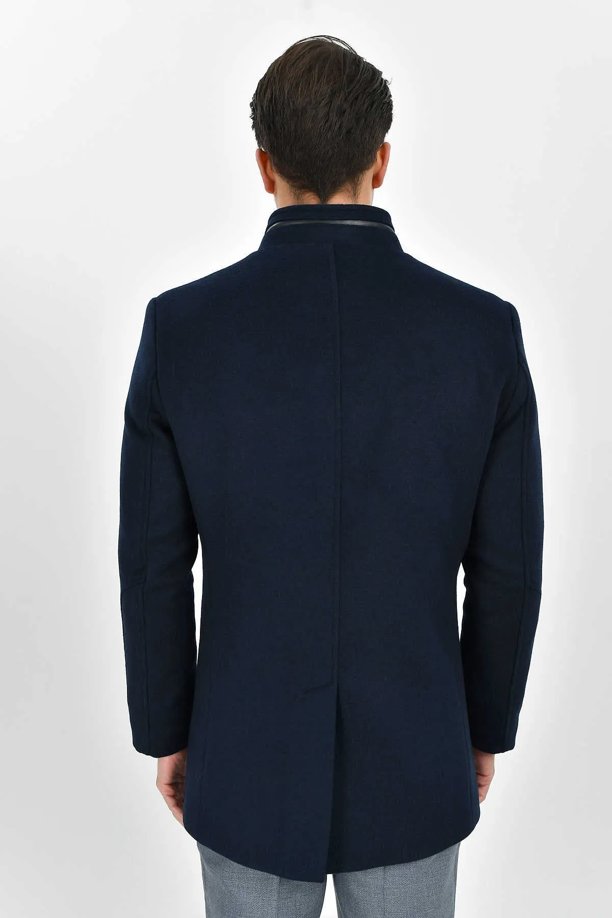 Regular Fit Cachet Stand Collar Wool Blend Navy Coat