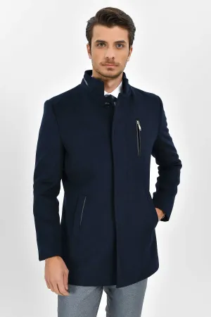 Regular Fit Cachet Stand Collar Wool Blend Navy Coat