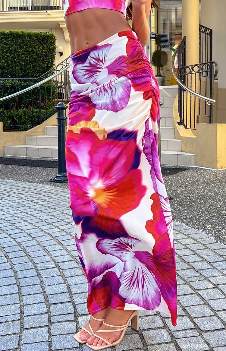 Romantic Rose Pink Floral Print Maxi Skirt