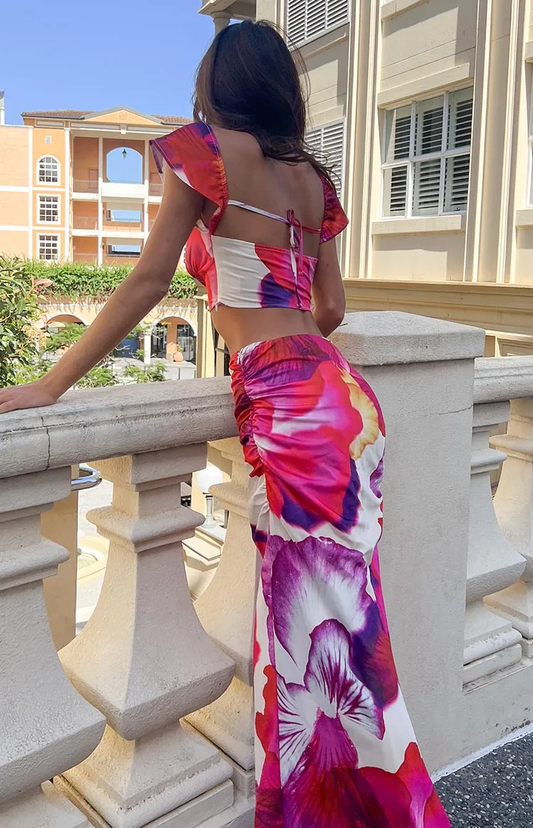 Romantic Rose Pink Floral Print Maxi Skirt