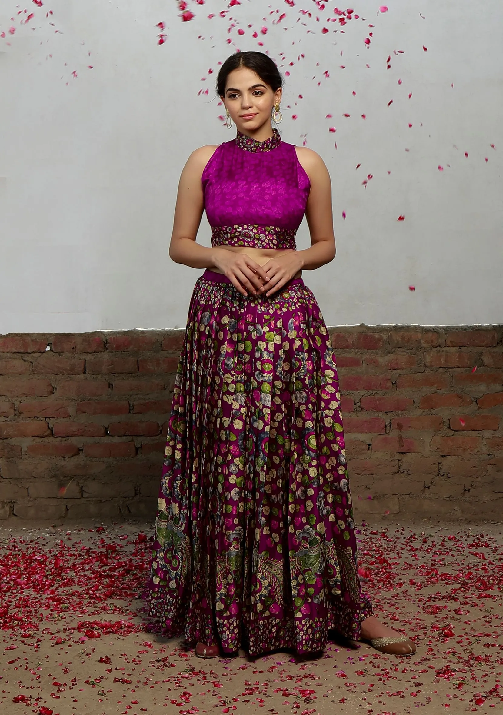 Set Of 2: Plum Kalamkari Printed Cotton Silk High Neck Crop Blouse With Printed Cotton Silk Pleated Long Skirt