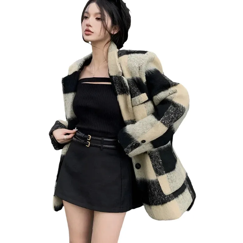 Short Plaid Wool Blazer Coat