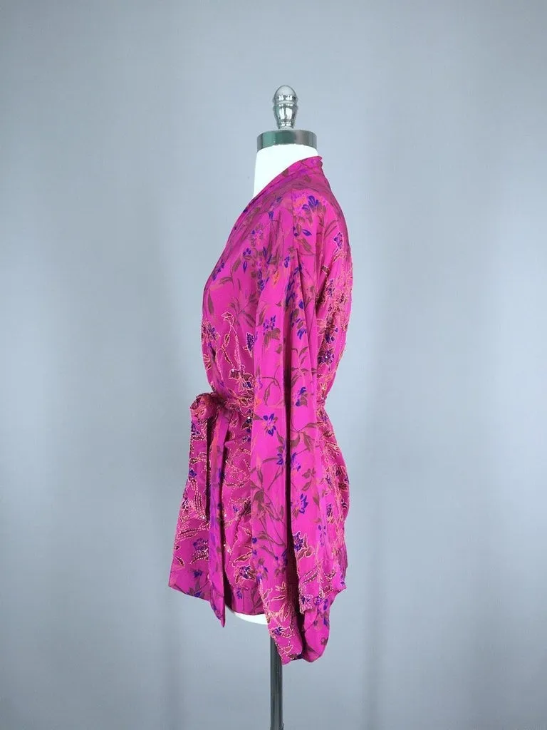 Silk Kimono Jacket / Vintage Indian Sari / Magenta Pink Floral Silk Kimono