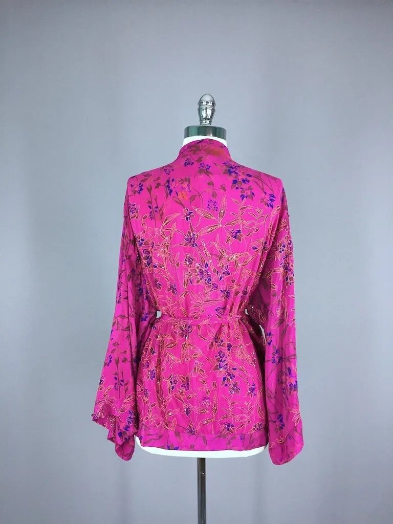 Silk Kimono Jacket / Vintage Indian Sari / Magenta Pink Floral Silk Kimono