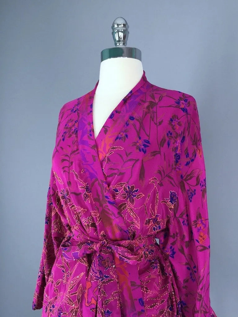 Silk Kimono Jacket / Vintage Indian Sari / Magenta Pink Floral Silk Kimono