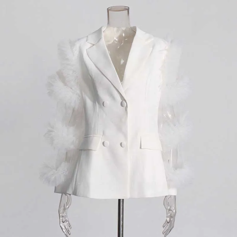 Splicing Mesh Ruffle Double Breasted Suit Jacket Blazer