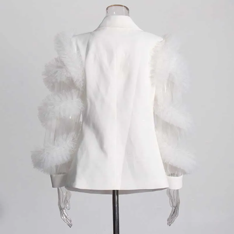 Splicing Mesh Ruffle Double Breasted Suit Jacket Blazer