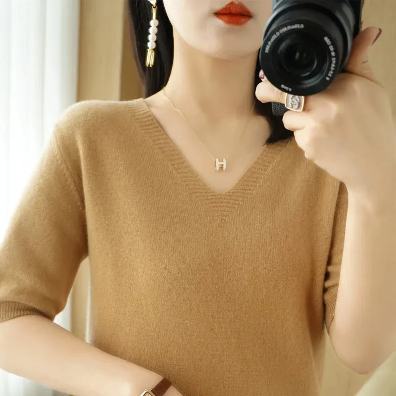 Spring/Summer 2022 Ladies Sweater Pullover Solid Color V-neck Half-sleeved Knitted Cashmere Sweater Thin Casual Top