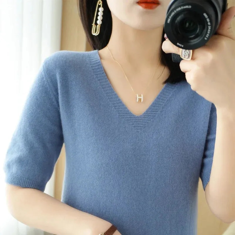 Spring/Summer 2022 Ladies Sweater Pullover Solid Color V-neck Half-sleeved Knitted Cashmere Sweater Thin Casual Top