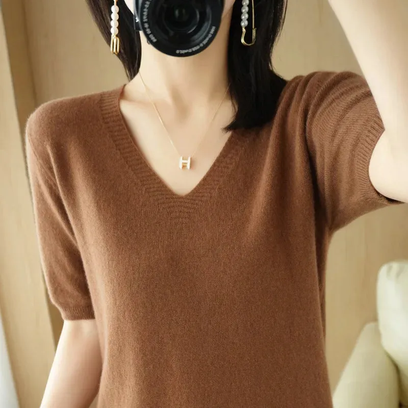 Spring/Summer 2022 Ladies Sweater Pullover Solid Color V-neck Half-sleeved Knitted Cashmere Sweater Thin Casual Top