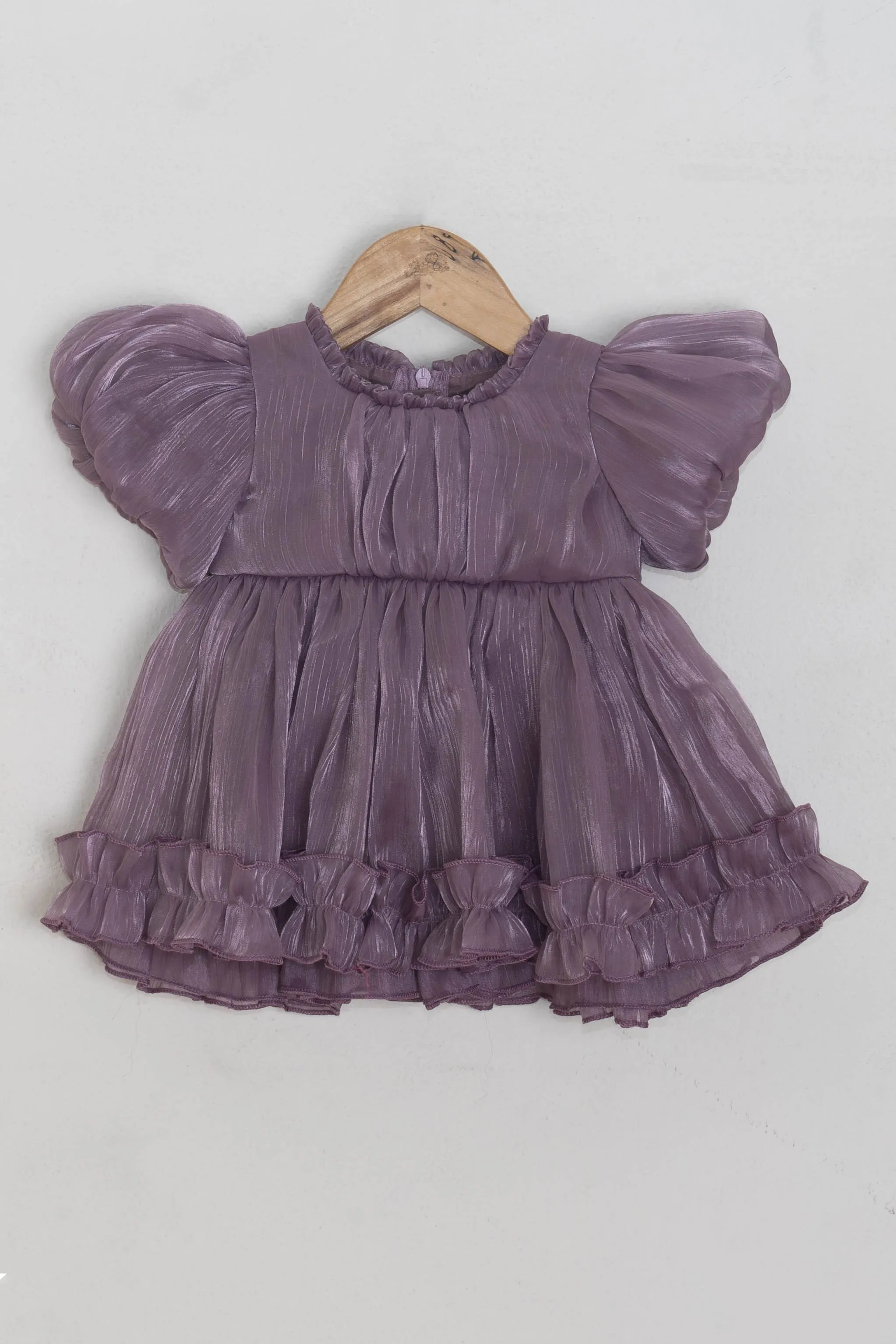 Stunning Purple Solid Pattern With Ruffled Sleeve Organza Frock For Baby girls