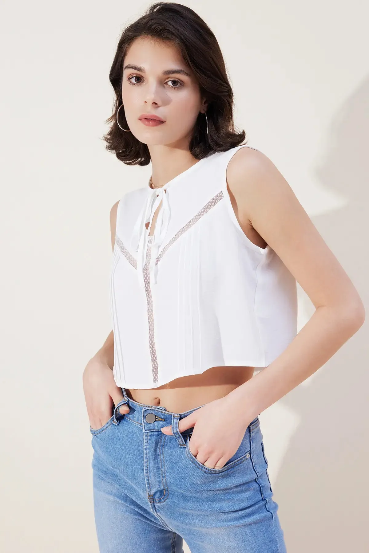 Tie Front Sheer Plicated Crop Top