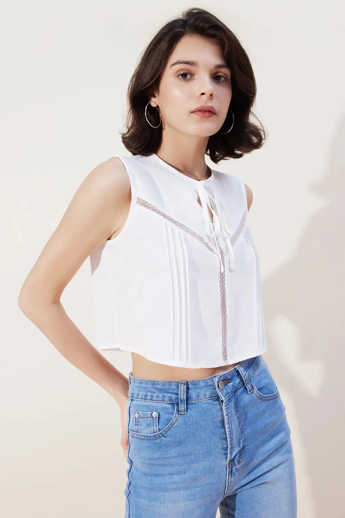 Tie Front Sheer Plicated Crop Top