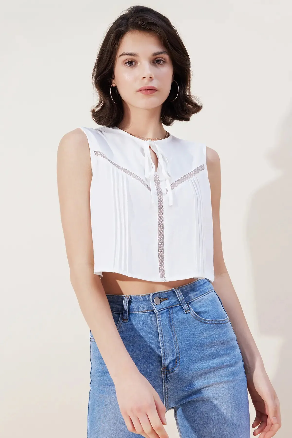 Tie Front Sheer Plicated Crop Top