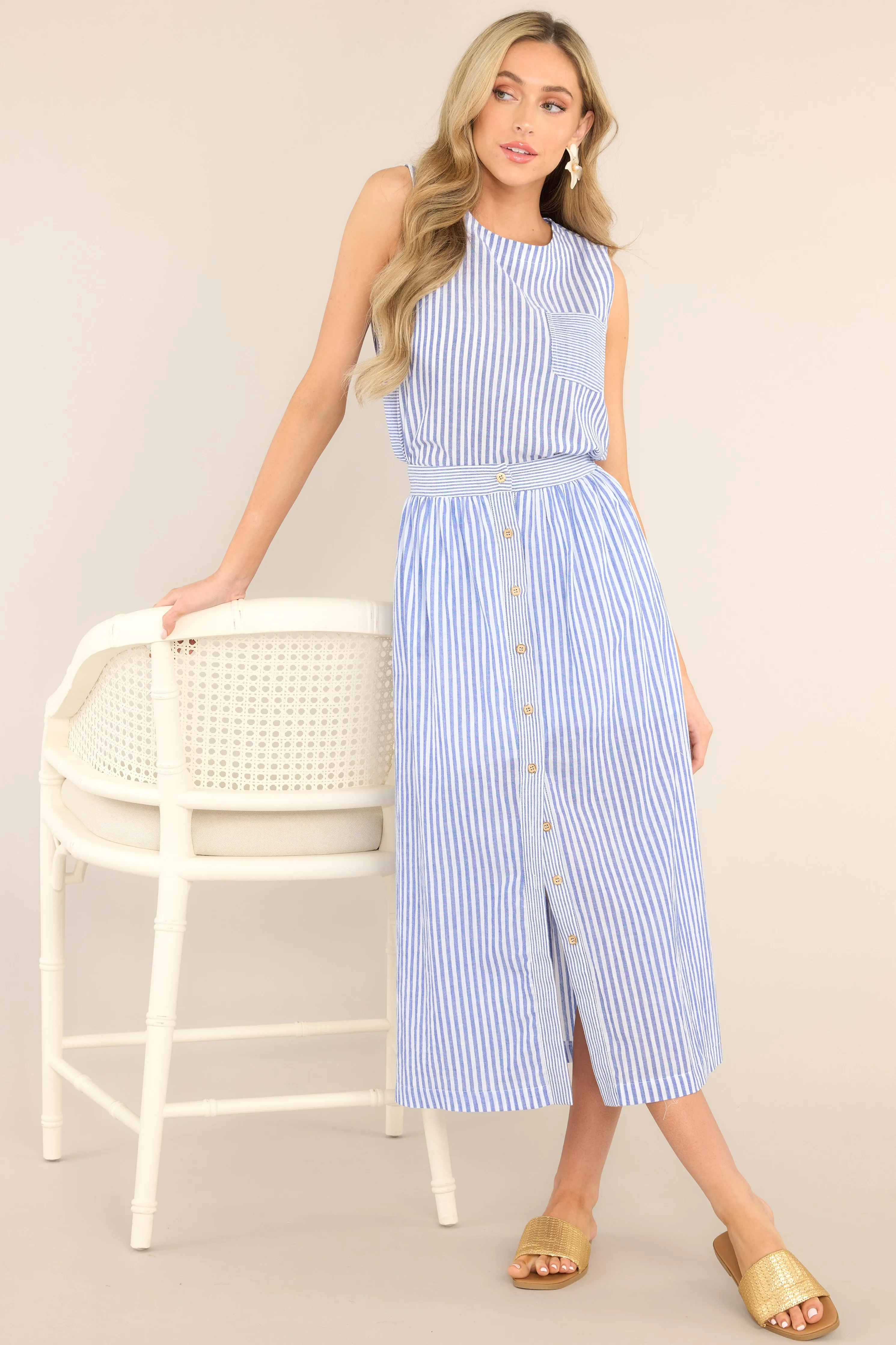 Treasured Blue Striped Button Front Maxi Skirt