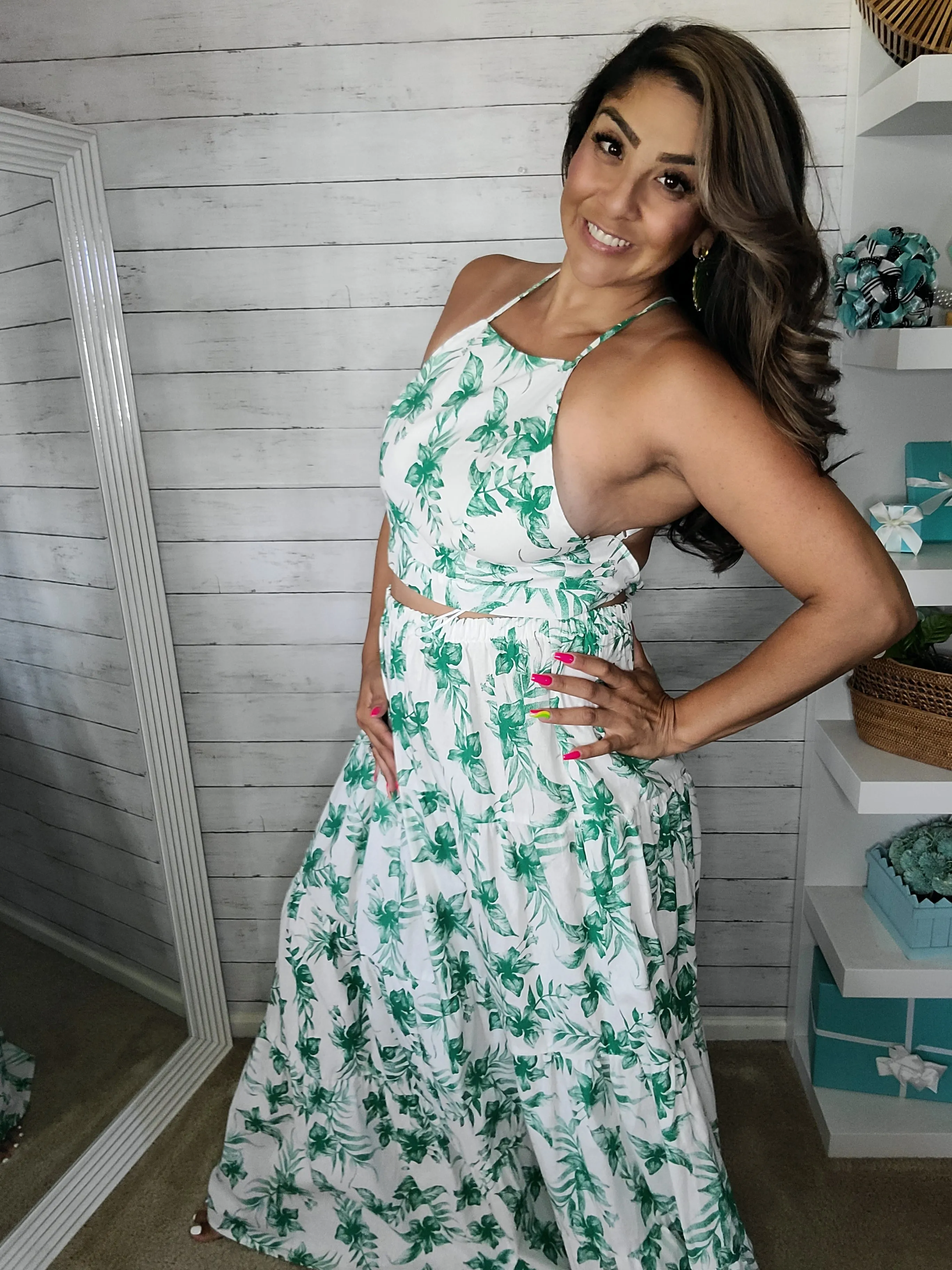 Tropical Leaf-Print Maxi Skirt & Crop Top Set