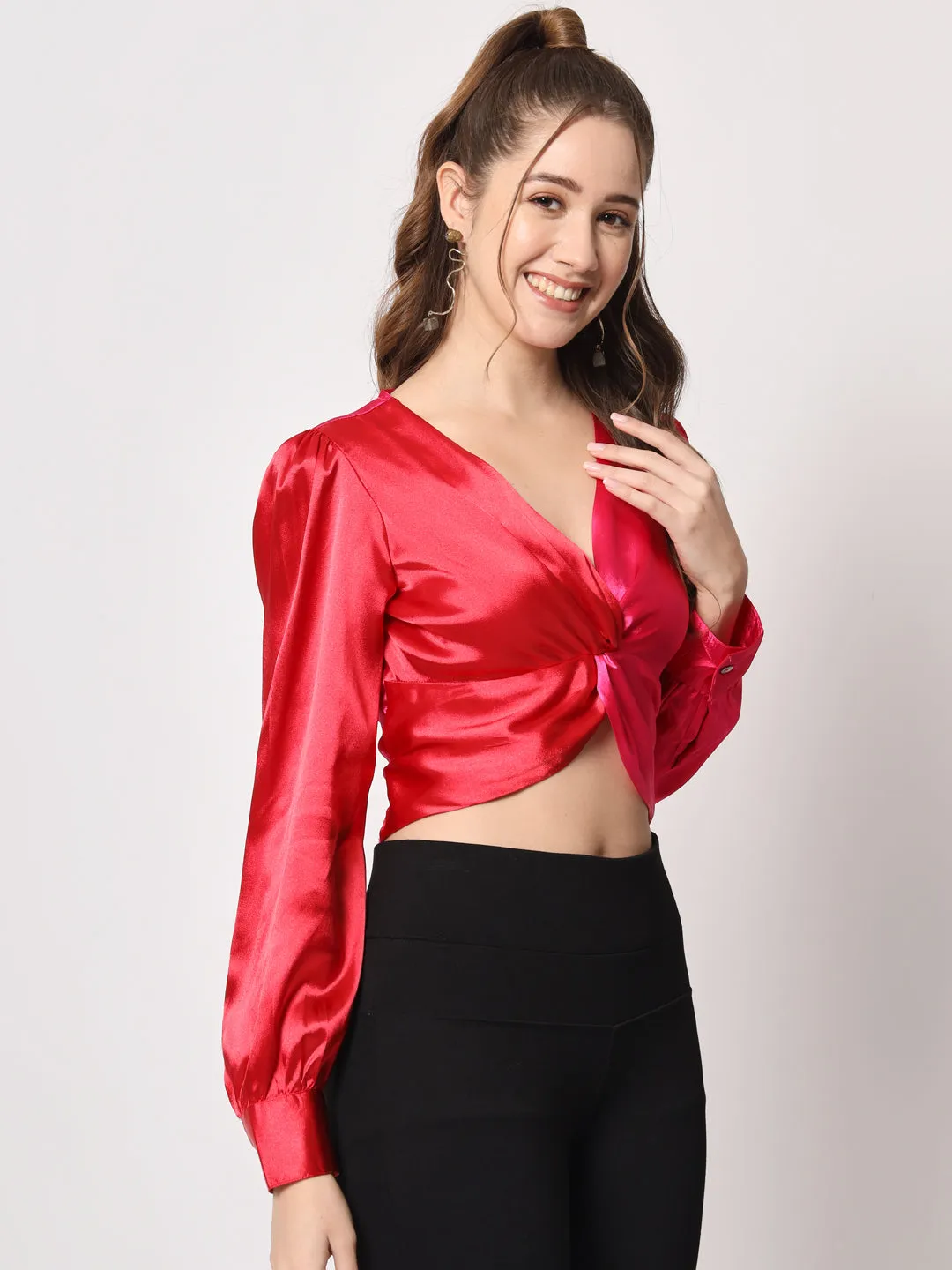 Twisted Detail Cuffed Sleeves Crop Top