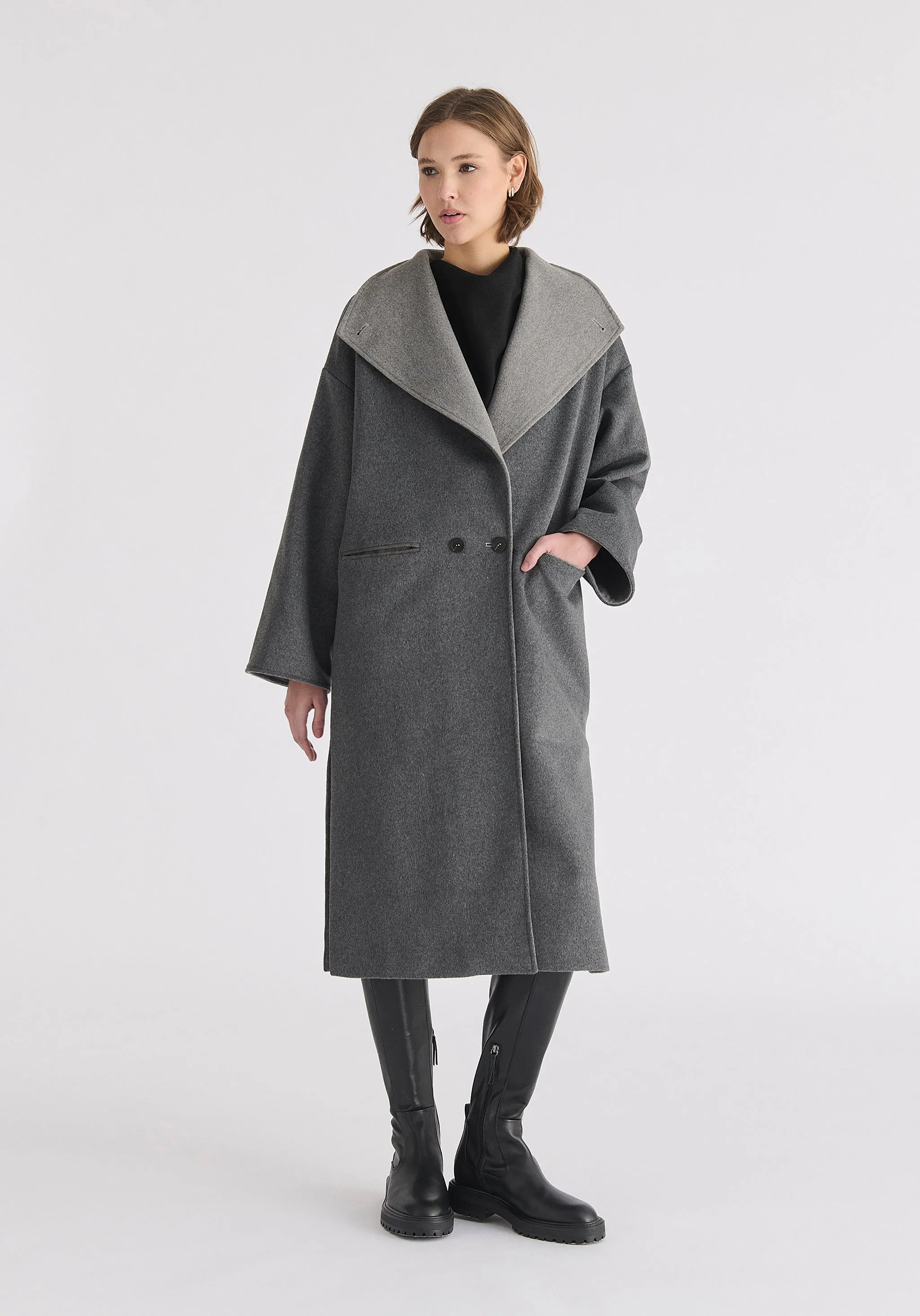 Two-Tone Double Breasted Wool Blend Coat