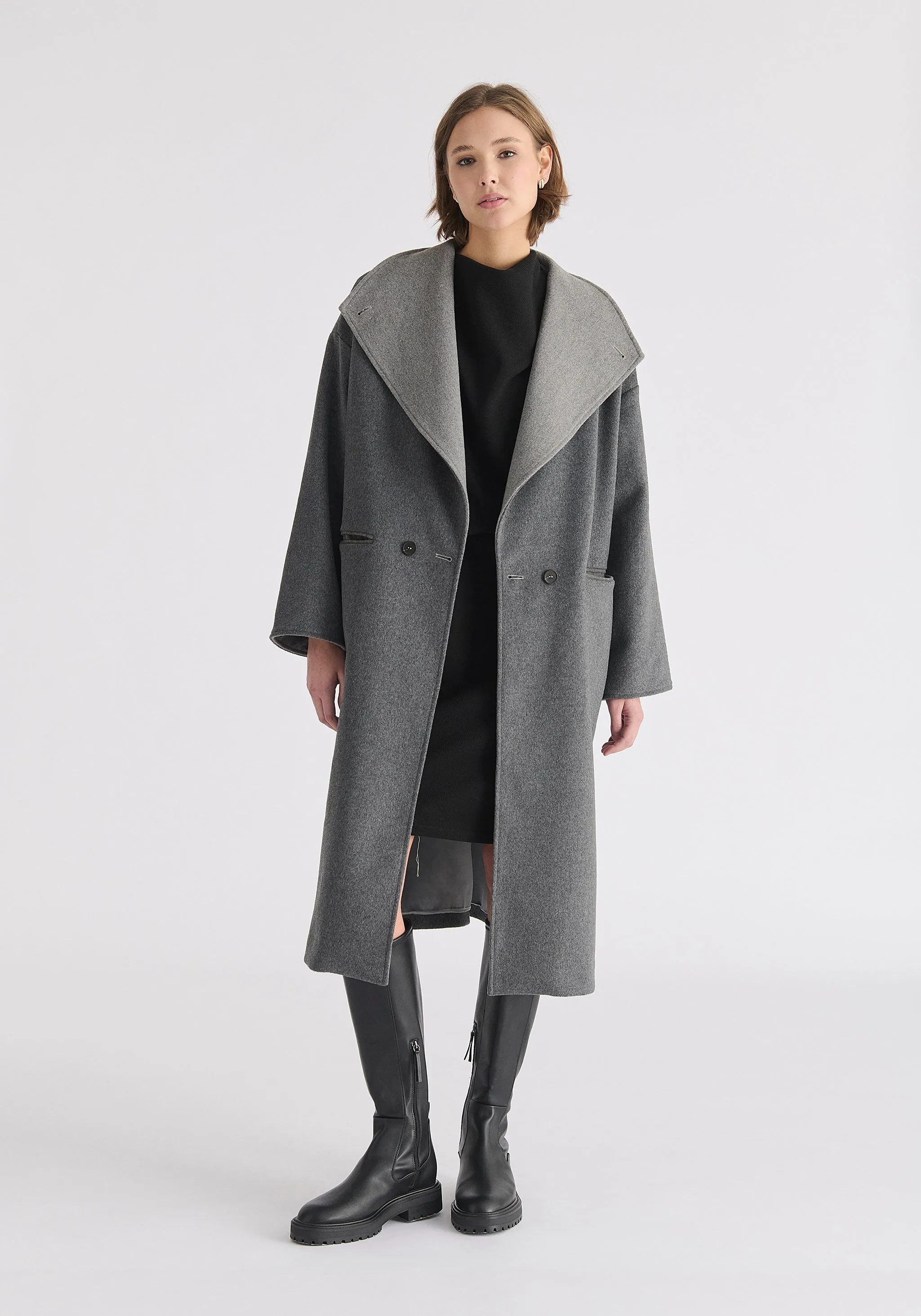 Two-Tone Double Breasted Wool Blend Coat