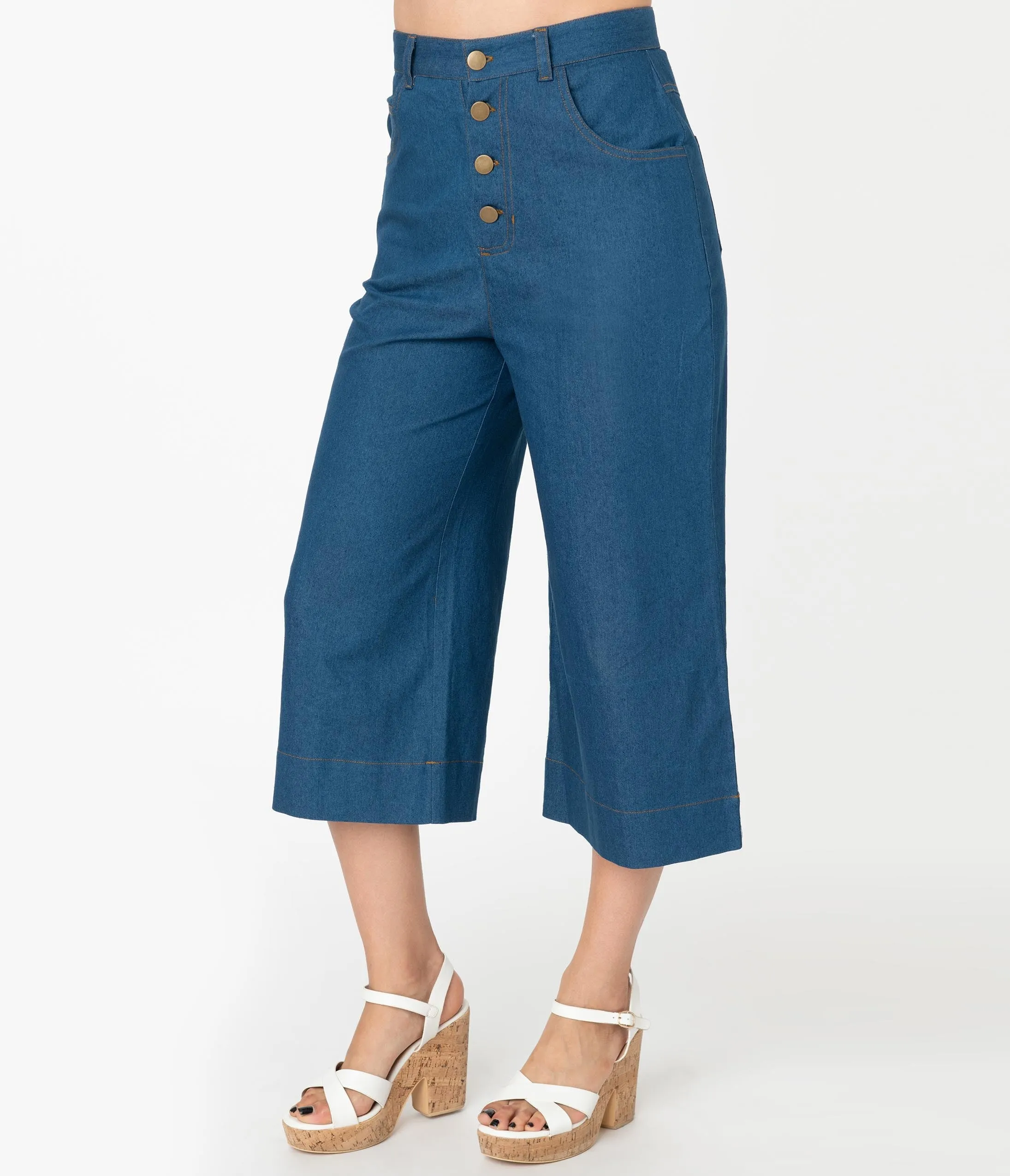 Unique Vintage Denim Blue Chisholm Culottes