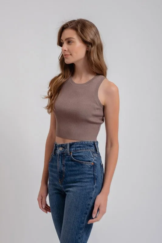 Valerie Sleeveless Ribbed Knit Cropped Sweater Top Mocha