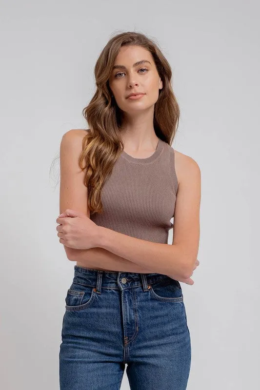 Valerie Sleeveless Ribbed Knit Cropped Sweater Top Mocha