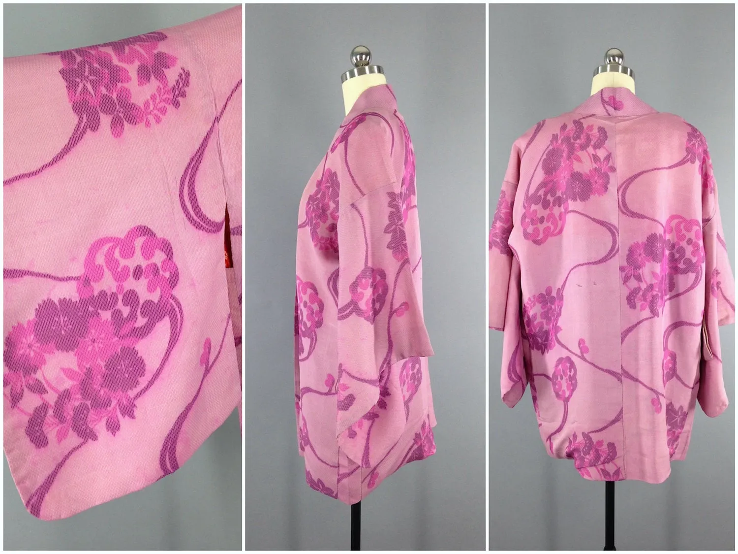 Vintage 1940s Silk Haori Kimono Cardigan / Pink Floral